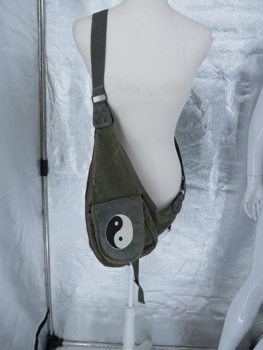 Yin Yang Sling Bag Canvas Olive Green One Size Crossbody Backpack Vintage Y2K 90